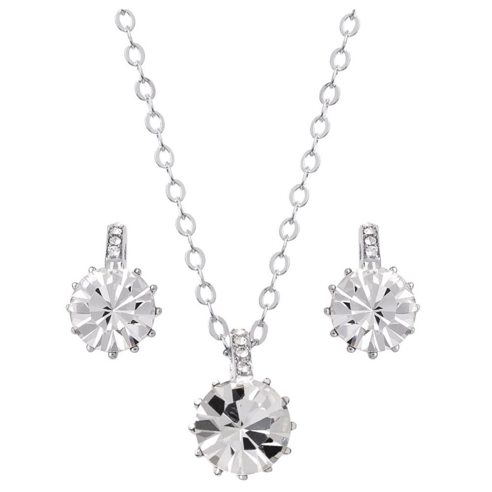 Brilliant Crystal Round Cut Solitaire Necklace & Earrings Set Sterling Silver